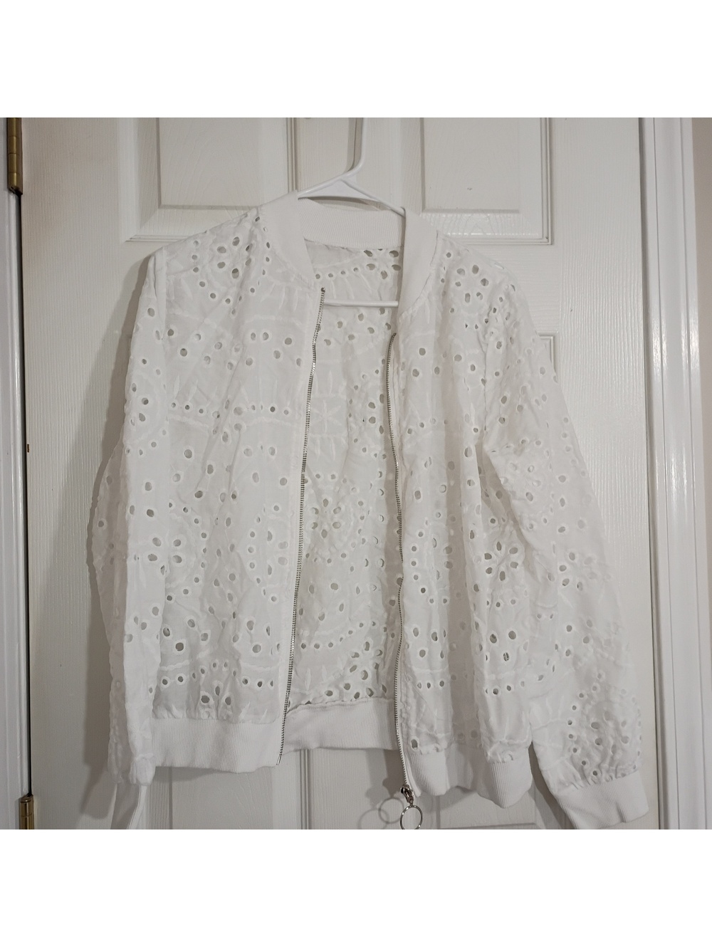 White Eyelet Bomber Jacket, Size Large